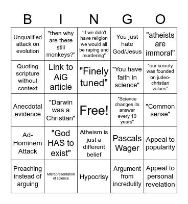 Shitty Theist Bingo Card