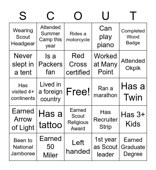 Boy Scouts Bingo Card