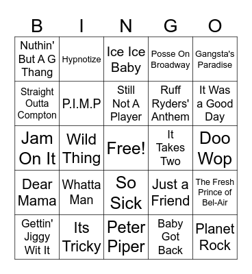 Hip-Hop Throw Backs Bingo Card