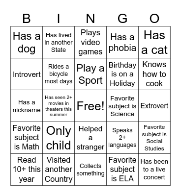 BACK TO SCHOOL BINGO Card