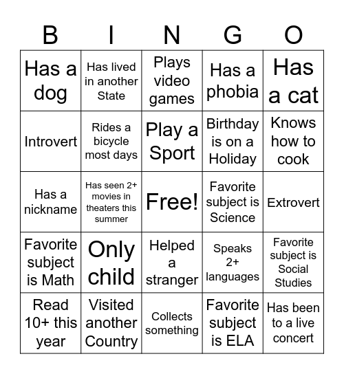 BACK TO SCHOOL BINGO Card