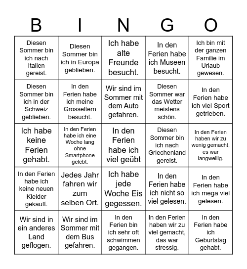 Reisen und Urlaub: die Sommerferien Bingo Card