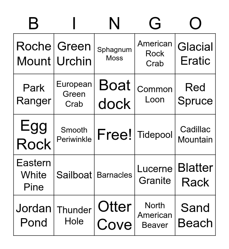 Acadia Bingo Card