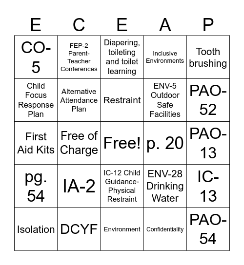 ECEAP Standards Bingo Card