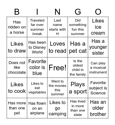 Classmate Bingo Card