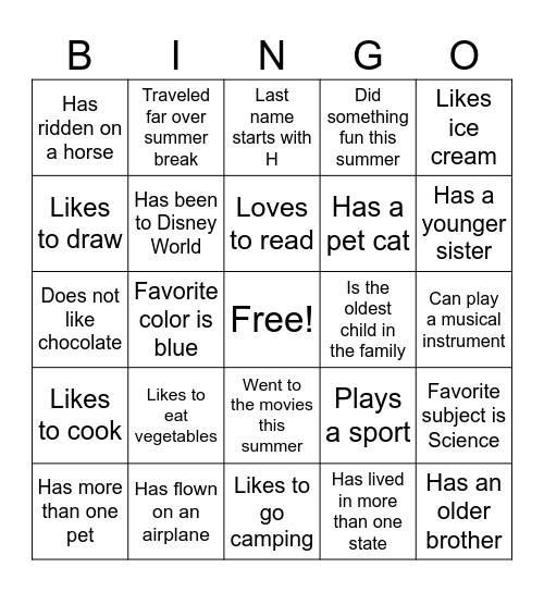 Classmate Bingo Card