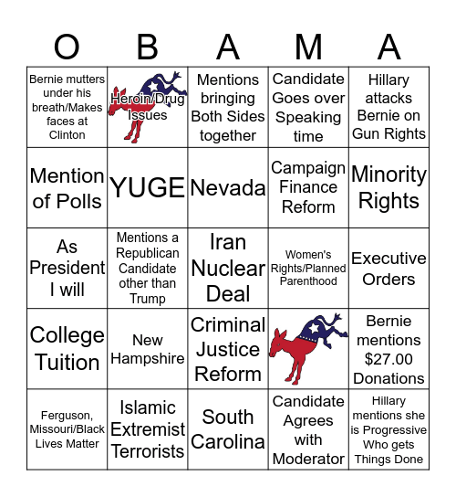 Democratic Debate Card #2 February 11, 2016 Bingo Card