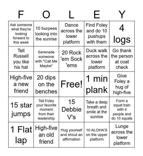 Foley's Last NPDC Workout Bingo Card