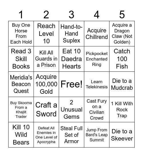 Skyrim Bingo #4 Bingo Card