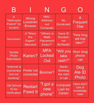 Bradley Service Desk Bingo Card