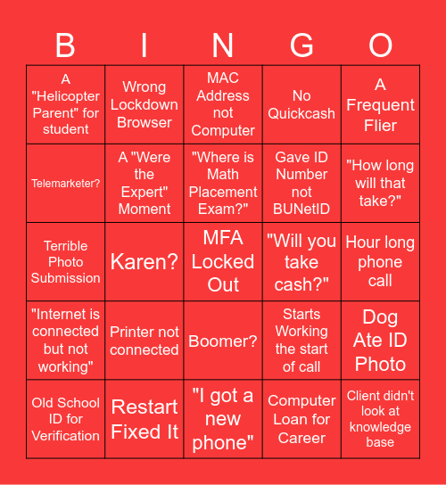 Bradley Service Desk Bingo Card