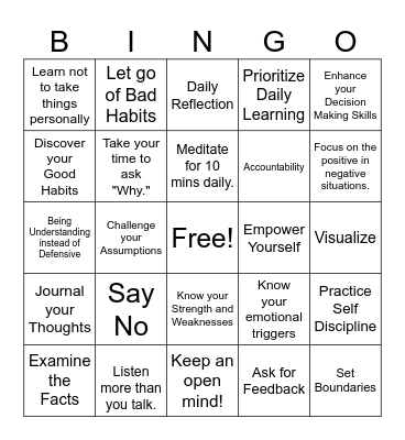 Self Awareness Bingo Card
