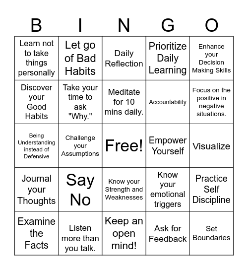 Self Awareness Bingo Card