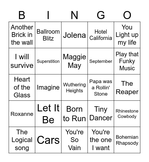 70's MUSIC BINGO #1 Bingo Card