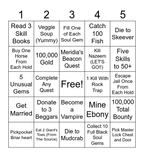 Skyrim Bingo #5 Bingo Card