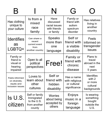 C U L T U R A L    D I V E R S I T Y Bingo Card