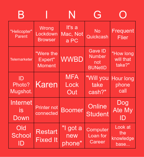 Bradley Service Desk Bingo Card