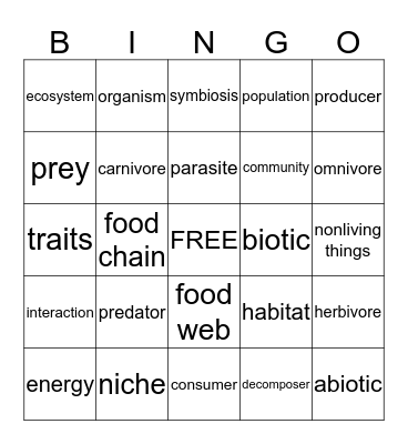 Matter & Energy in Organisms & Ecosystems  Bingo Card