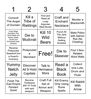 Skyrim Bingo #6 Bingo Card