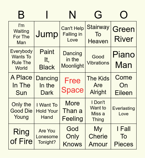 Classic Oldies Music Bingo Card