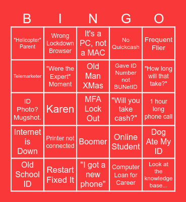 Bradley Service Desk Bingo Card