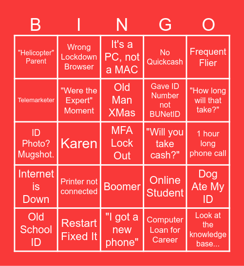 Bradley Service Desk Bingo Card