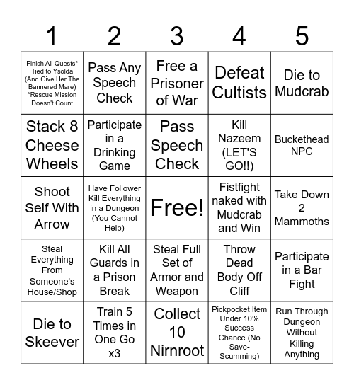 Skyrim Bingo #7 Bingo Card