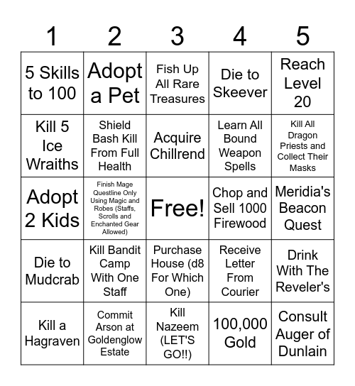 Skyrim Bingo #8 Bingo Card