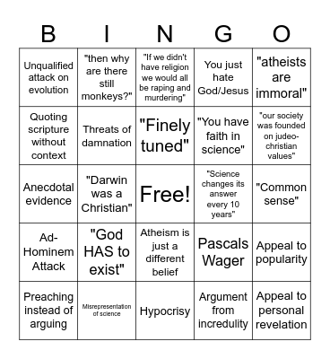 Shitty Theist Bingo Card