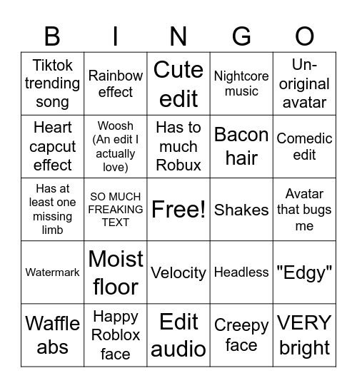 Roblox Edit Bingo Card