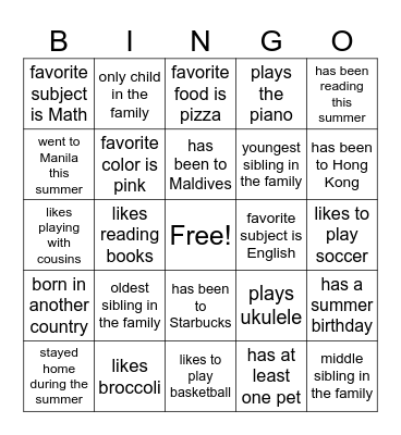 Getting to Know You Bingo Card