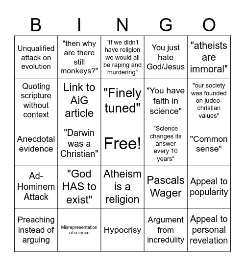 Shitty Theist Bingo Card