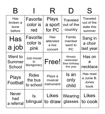 Park Crossing H.S. Bingo Card