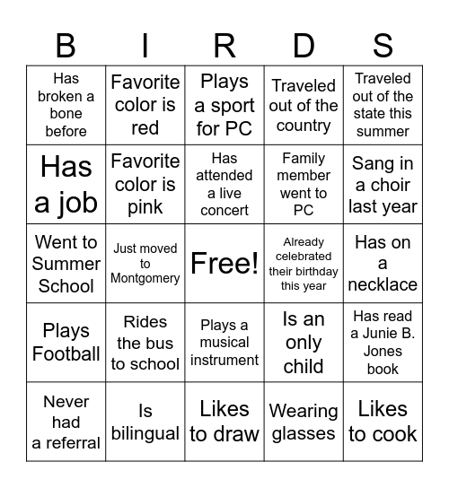 Park Crossing H.S. Bingo Card