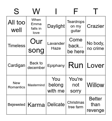 Bingo Swiftie Bingo Card