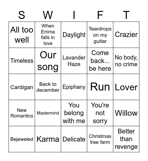 Bingo Swiftie Bingo Card