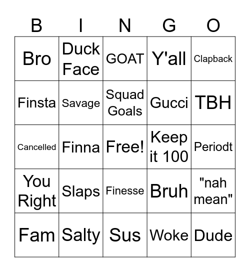 Slang Bingo Card