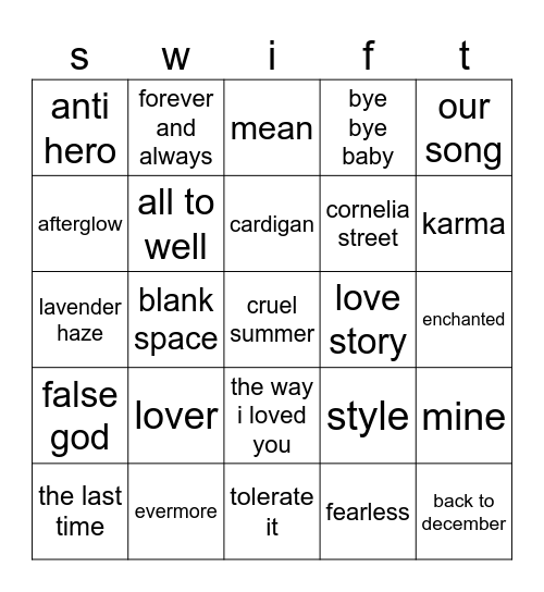 bingo swiftie Bingo Card