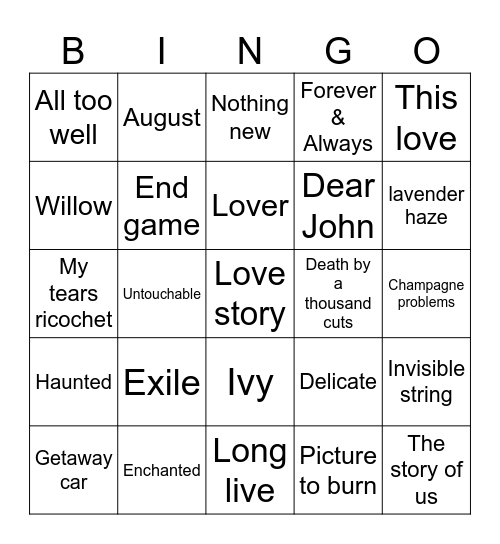 Bingo swiftie Bingo Card