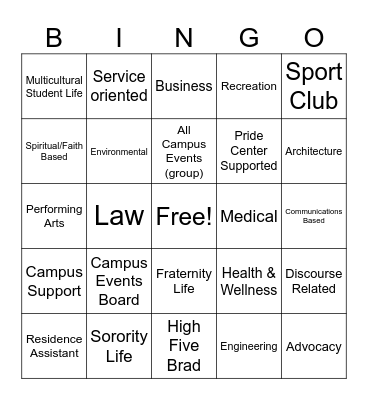 Student Organization Bingo Card