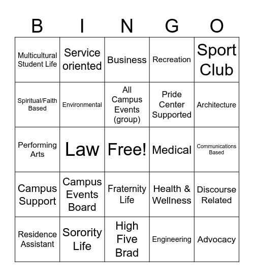 Student Organization Bingo Card