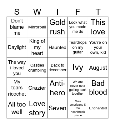 Bingo swiftie Bingo Card
