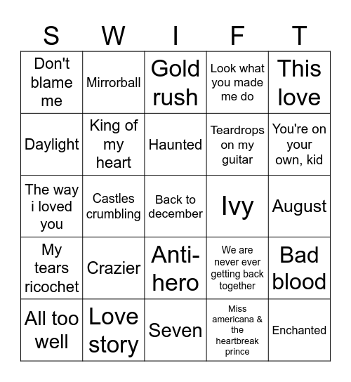 Bingo swiftie Bingo Card