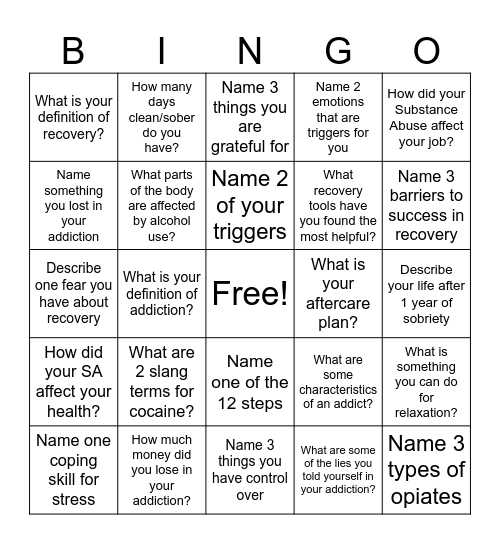 Recovery Bingo! Bingo Card