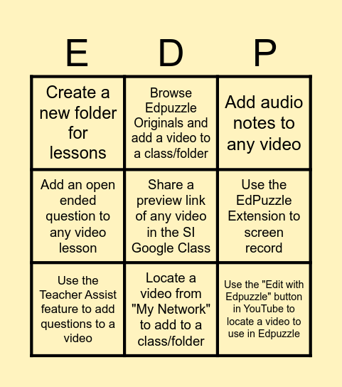 EdPuzzle PD Choice Board Bingo Card