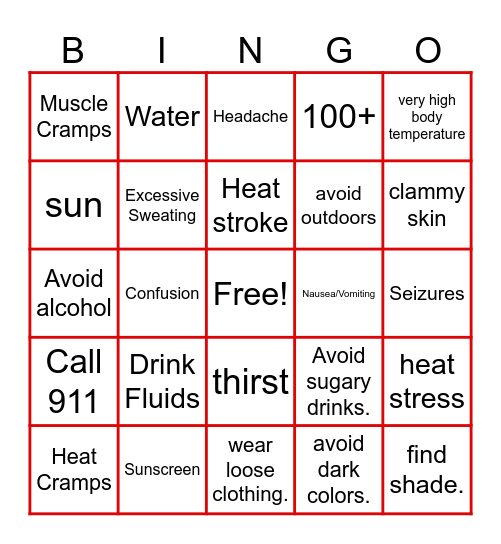 Heat Related Bingo Card
