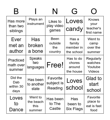 First Day of School Bingo Card