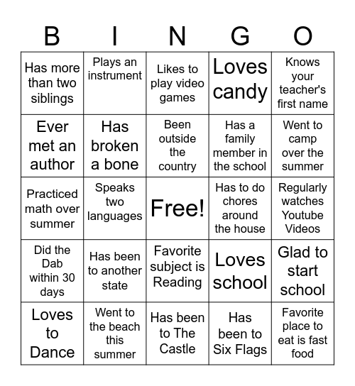 First Day of School Bingo Card