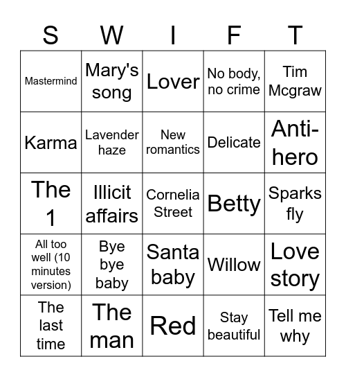 Bingo Swiftie Bingo Card