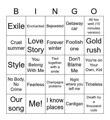 Taylor Swift Bingo Card